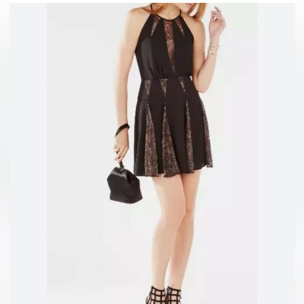 BCBGMaxazria Teena Black Lace Dress Halter Fit & Flare Party Mini Sz 0/XS New